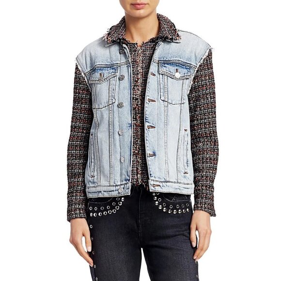 NWT Current / Elliott contrasting denim & tweed short light wash jean jacket - Picture 11 of 16